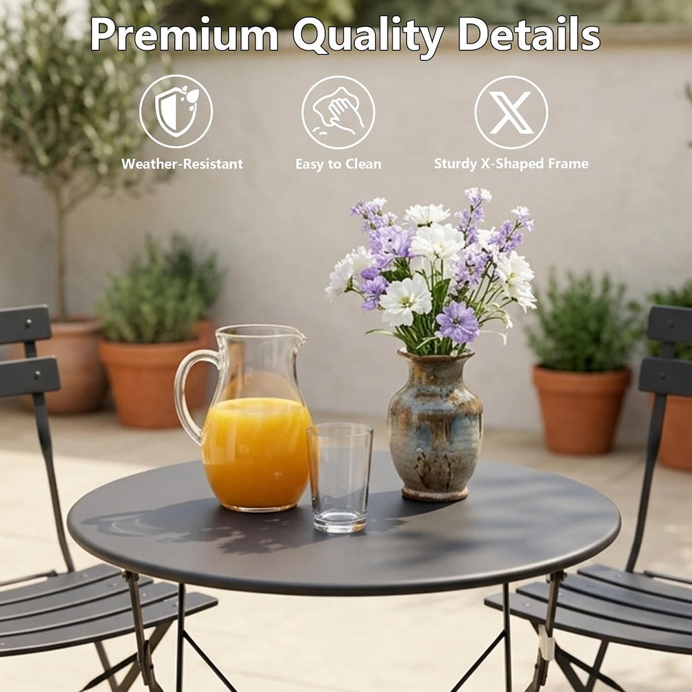 3 Piece Outdoor Bistro Set, Black Folding Table & Chairs for 2