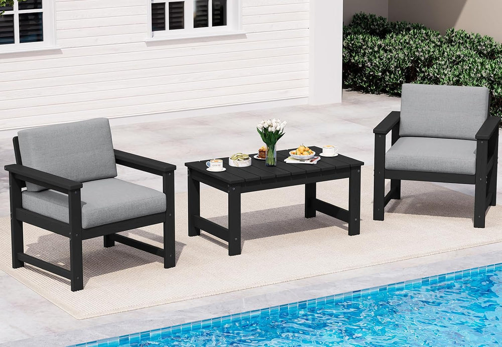 SERWALL 3 Pieces HDPE Outdoor Sofa Bistro Set with Cushions & Coffee Table