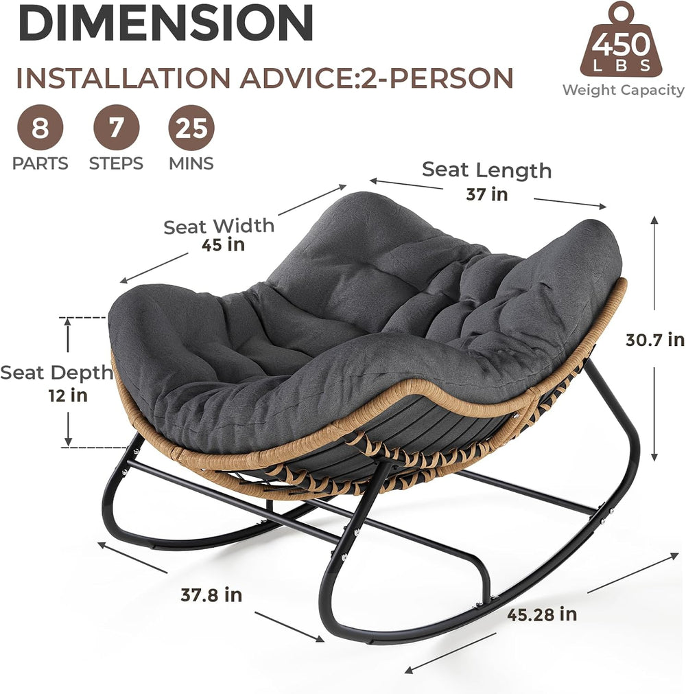 Papasan Outdoor Rocking Chair with Thick Cushion, Gray