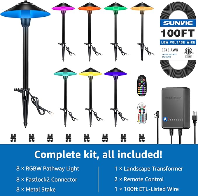 SUNVIE All-in-One RGBW Landscape Lighting Kit, 8 Pack Color Changing Low Volt...
