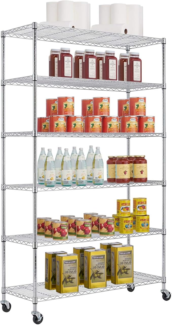 BestOffice | 6-Tier Wire Storage Shelves with Wheels | 18x48x82 | Chrome | Ad...