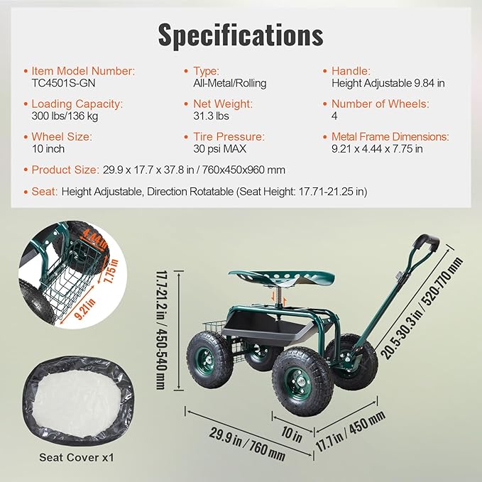 VEVOR Garden Cart Rolling Workseat with Wheels, Gardening Stool for Planting,...