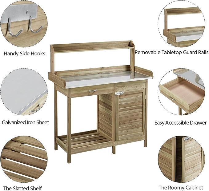 Yaheetech Outdoor Potting Bench Table, Garden Work Bench w/Metal Tabletop Wor...