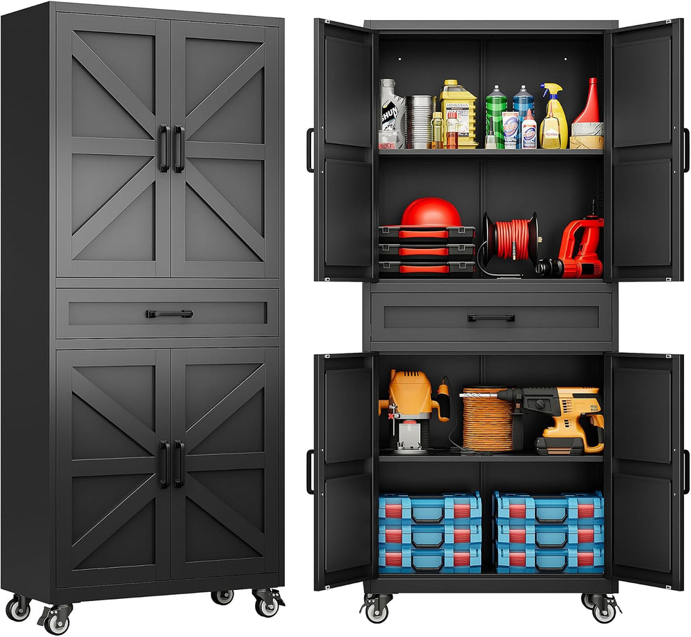 Black Metal Storage Cabinet with Wheels and Drawer,Rolling Garage Cabinet wit...
