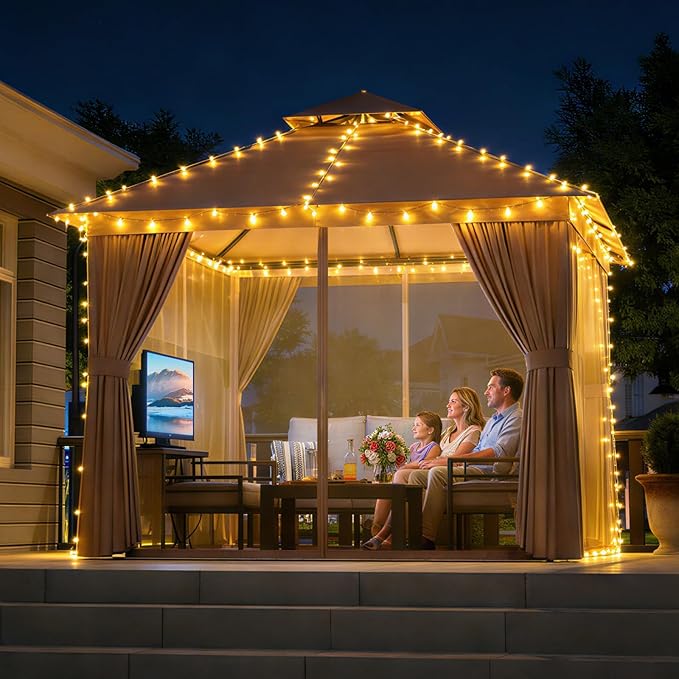 Aoxun 10x10 Outdoor Gazebo with 50FT LED Hanging Lights Metal Frame Canopy wi...