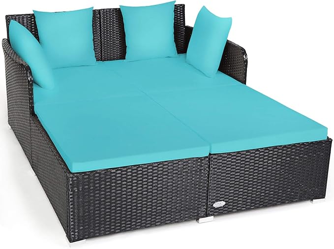 COSTWAY Outdoor Patio Rattan Daybed, Sponge Cushioned Loveseat Sofa with 4 Pi...
