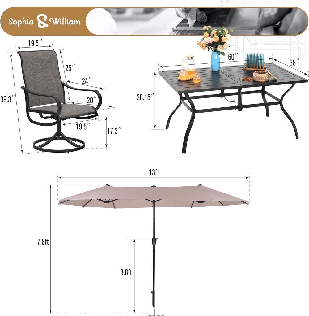 Sophia & William Outdoor Dining Set with Umbrella for 6 w/Swivel Chairs