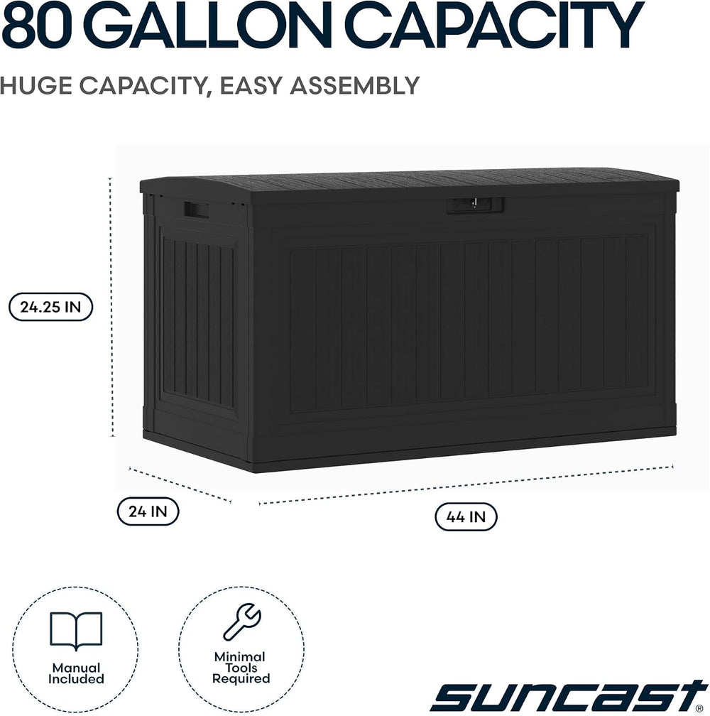 Suncast 80 Gal, Large Outdoor Patio Deck Box, Pad-Lockable Lid, Iron Ore