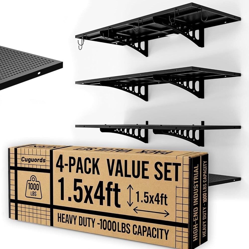 4-Pack 1.5x4ft Wall Storage Shelves, 1000 Lbs Garage Wall Shelf, Heavy Duty F...