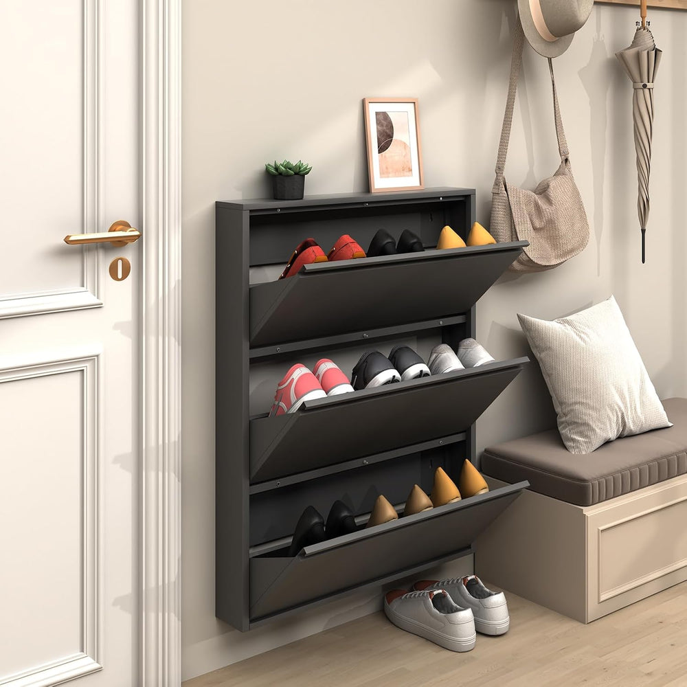 LUCYPAL Slim Shoe Cabinet,Metal Shoe Storage Cabinet for Entryway with 3 Flip...