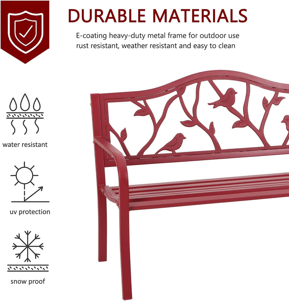 MFSTUDIO 50” Outdoor Garden Bench Cast Iron Metal Bird Pattern Backrest Red