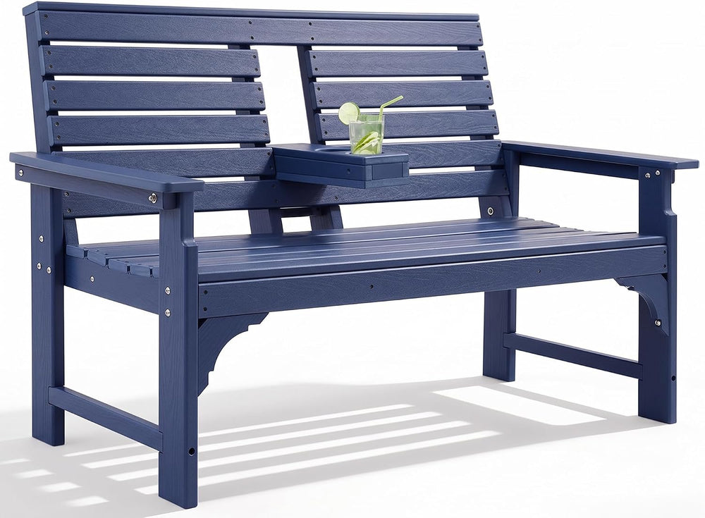 Outdoor Bench Weatherproof - HDPE 2-Person Garden Bench with Cup Holders, Ben...