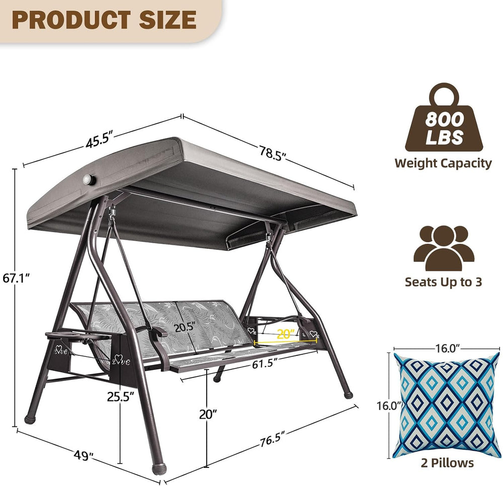 3 Person Patio Swing Outdoor Swing for Adults with Adjustable Canopy &Upg...