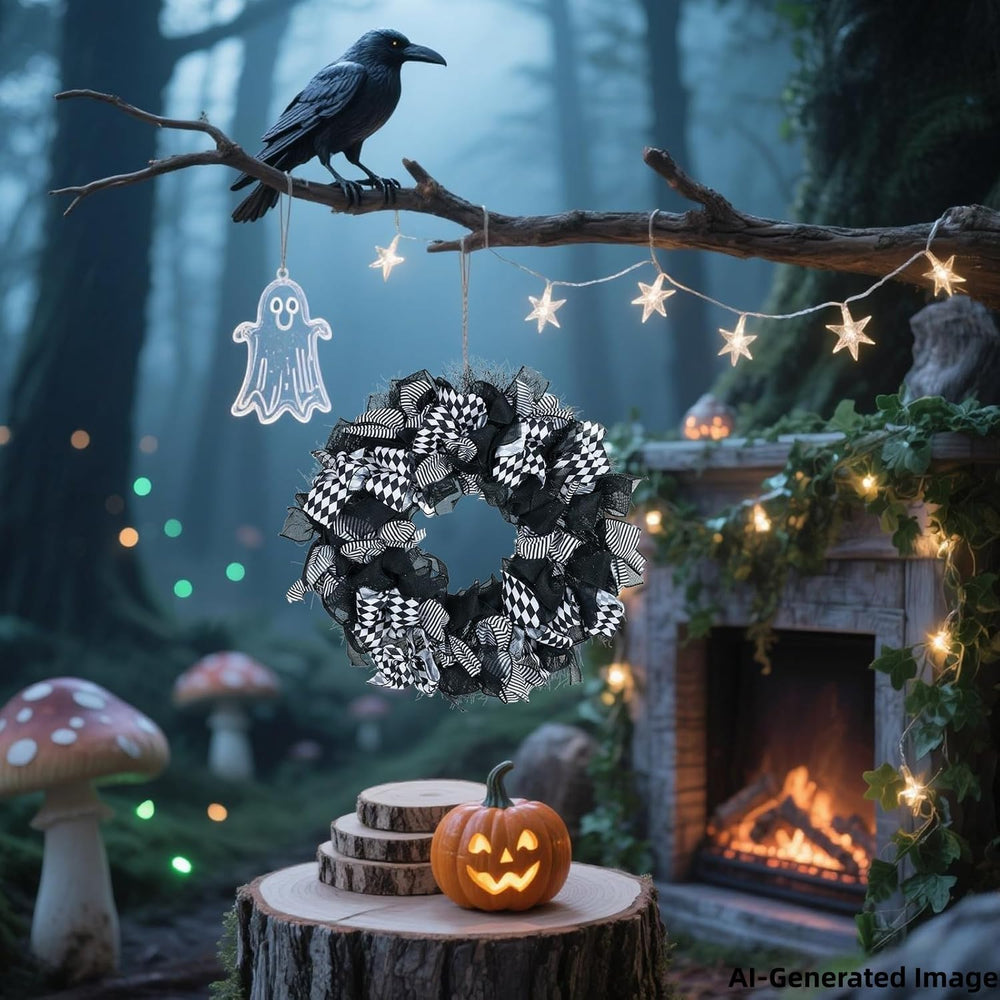Halloween Wreath, 26 Inch, Black & White Checkered Bow