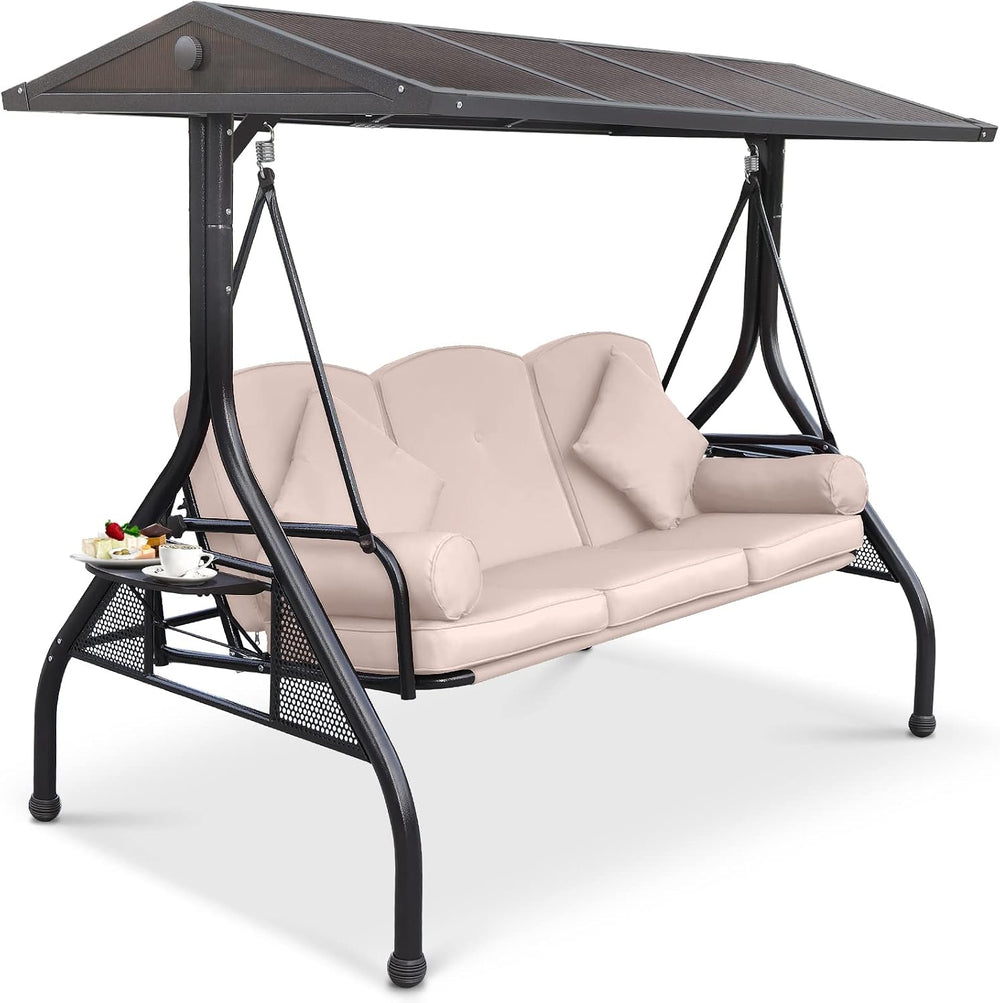 NOBLEMOOD Hardtop Patio Porch Swing with Convertible Backrest & Side Tables