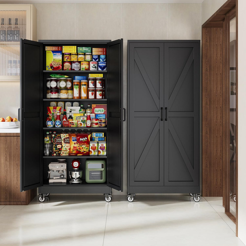 Letaya Metal Garage Storage Cabinets with Wheels,71”H Black Kitchen Pantry