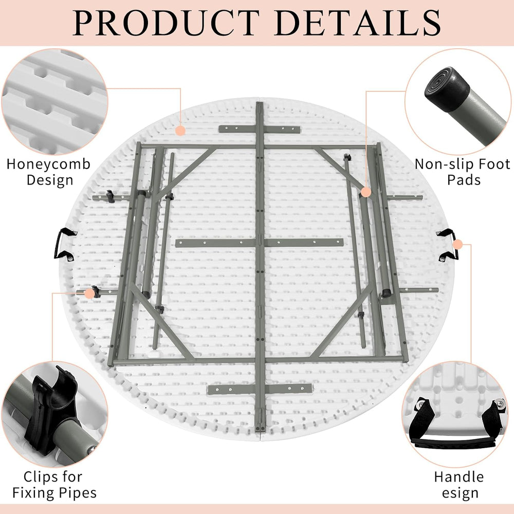 5 FT Round Folding Table | White | Portable Plastic Table