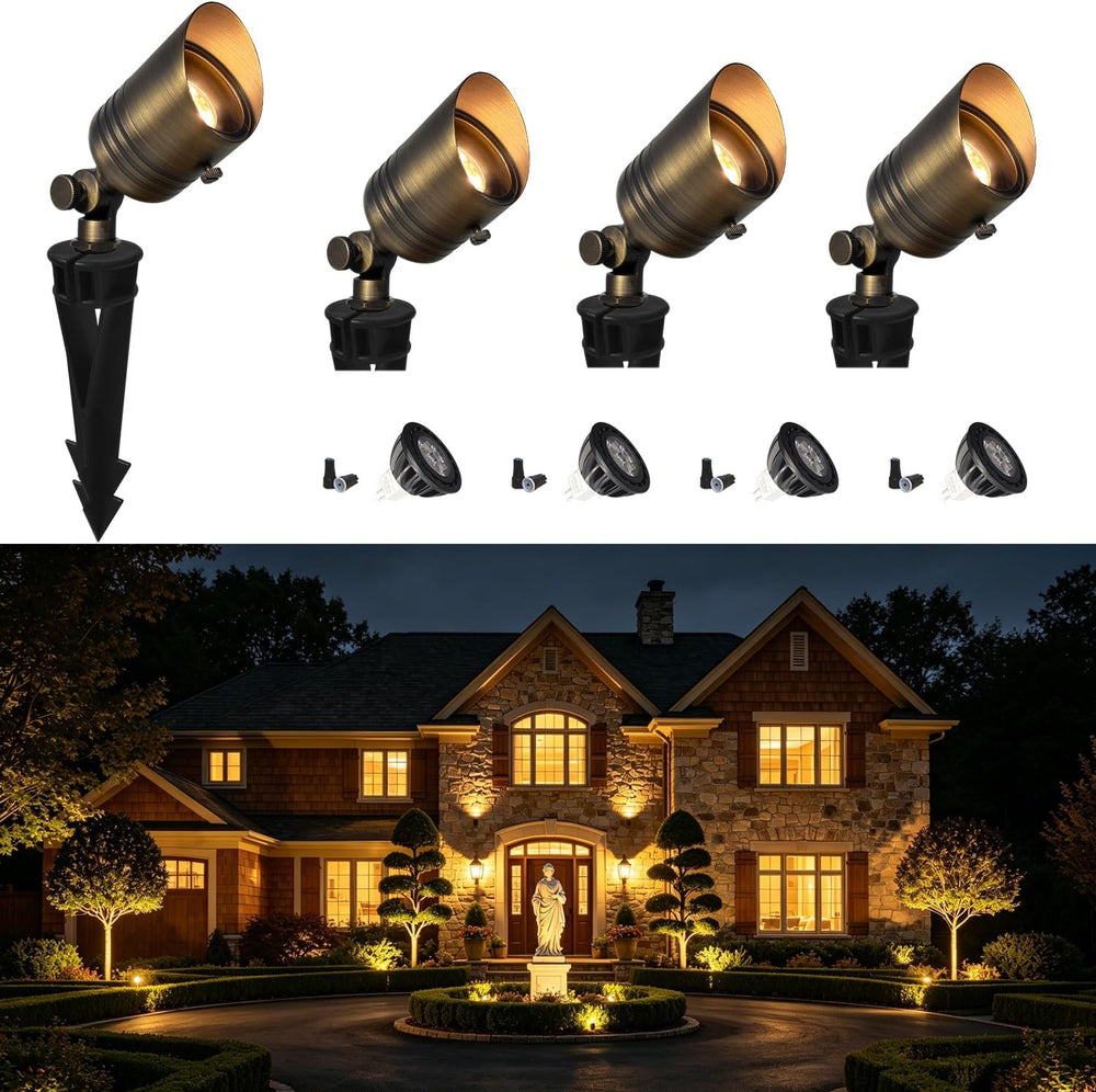 COLOER 5W 12V Brass Outdoor Landscape Spot Light with Bulb(4Pack) | Solid Bra...