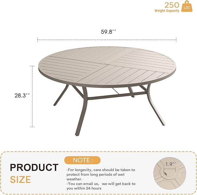 VICLLAX Round Patio Table with Adjustable Umbrella Hole for 8, All Weather Me...