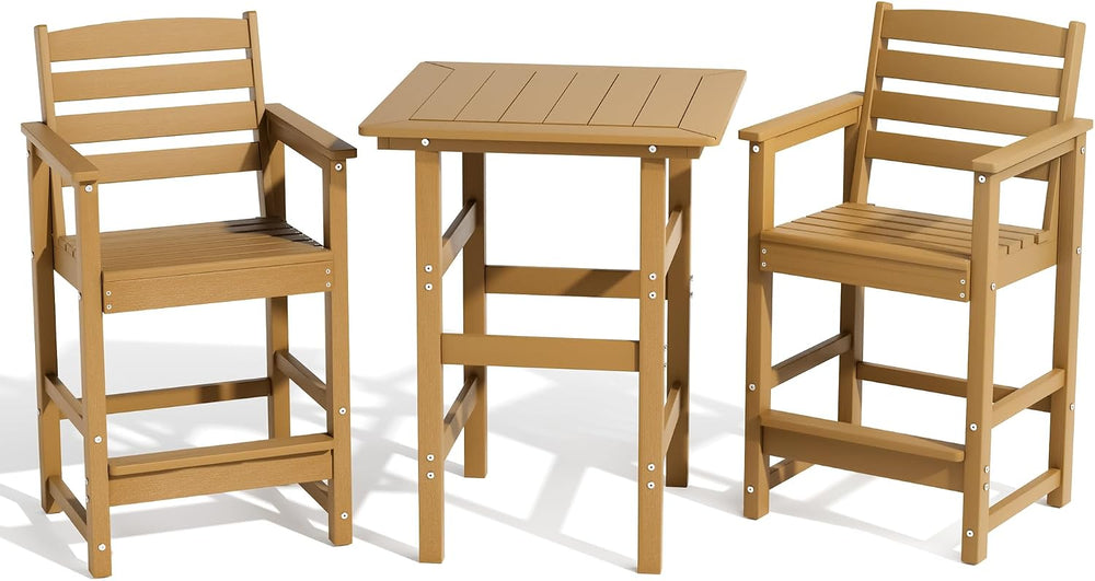 3-Piece Outdoor Bistro Bar Set, HDPE Bar Height Table & Chairs, Teak