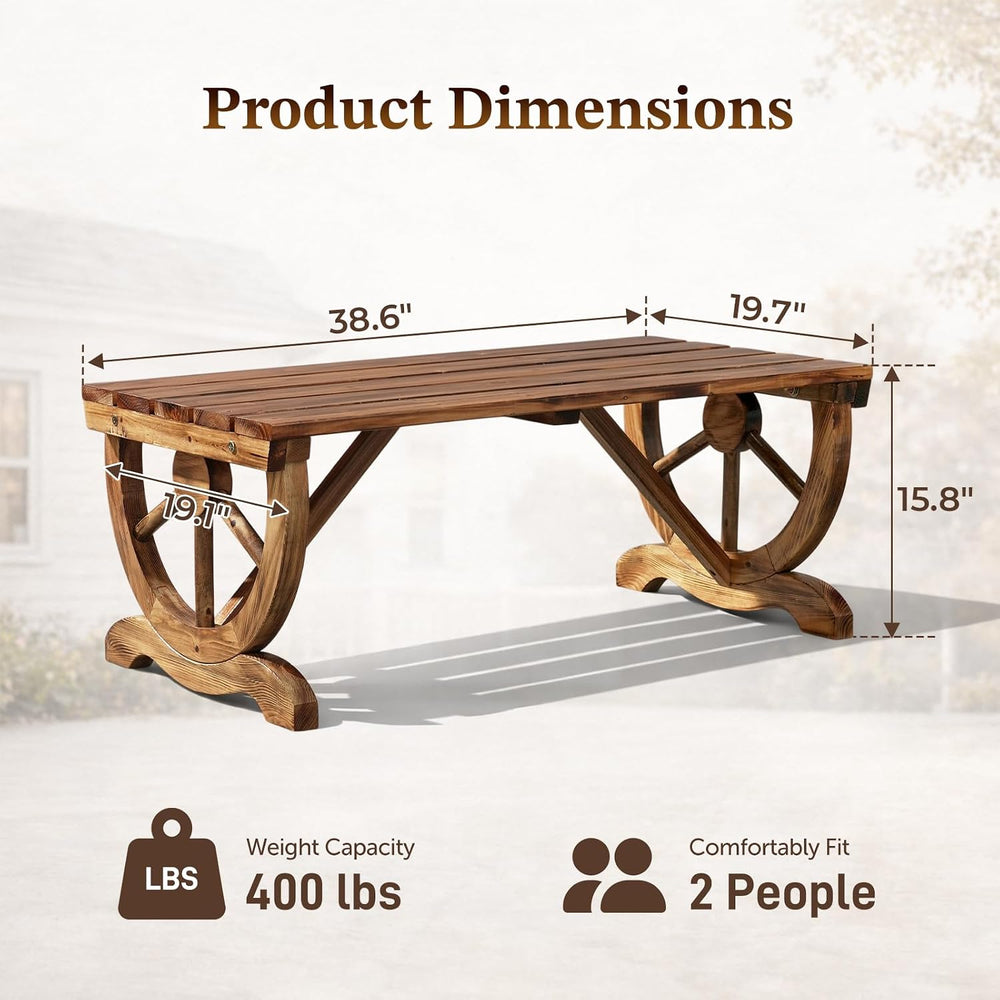 Outvita 39'' Outdoor Wooden Bench, 2-Person Rustic Wagon Wheel Bench ...