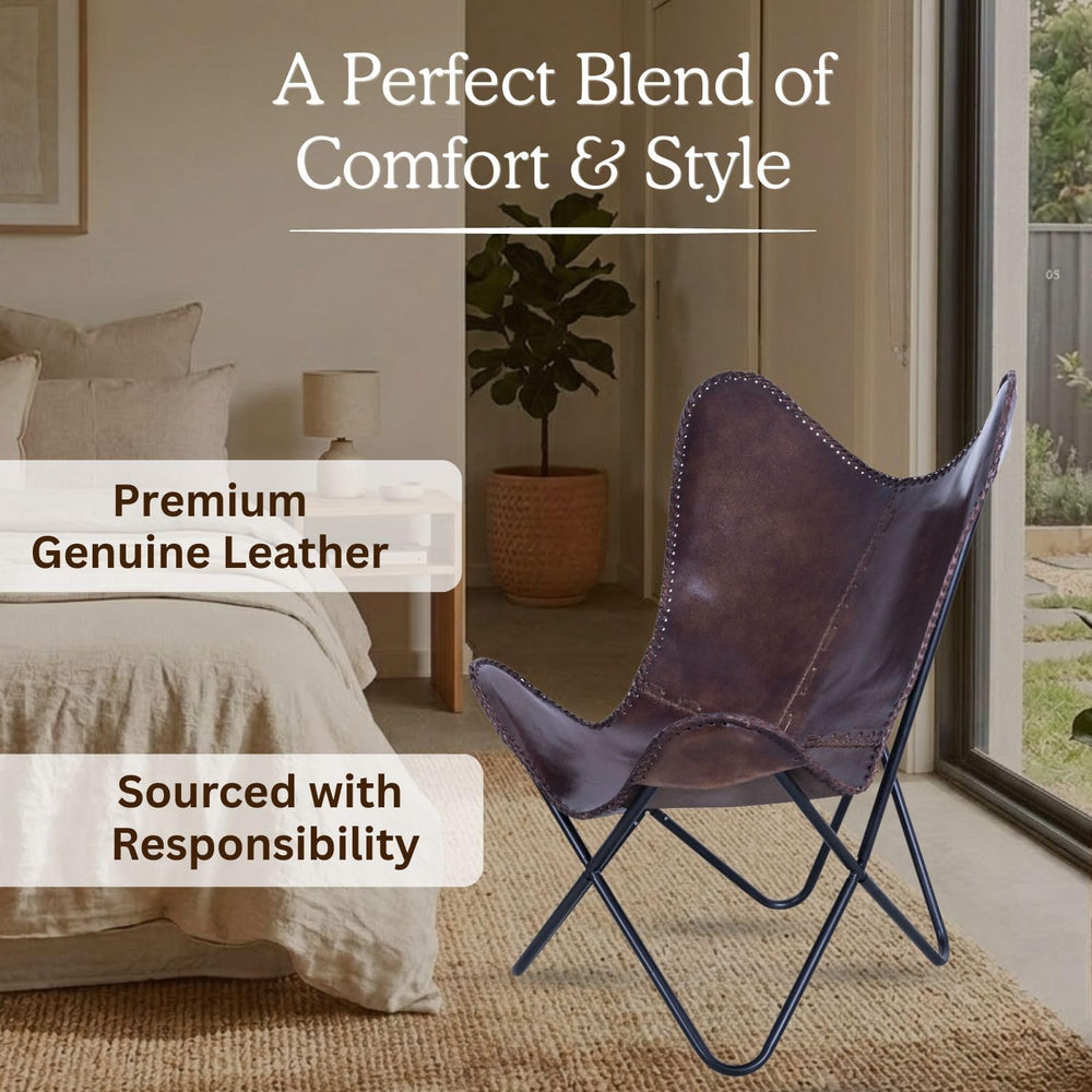 Indian Hando Art Vintage Brown Leather & Arm Butterfly Chair | Genuine Ta...