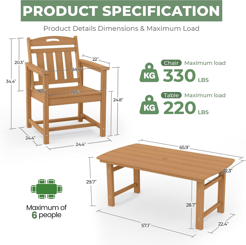 HDPE Outdoor Dining Set, Patio Table and Chairs Set, All-Weather 7-Piece Outs...