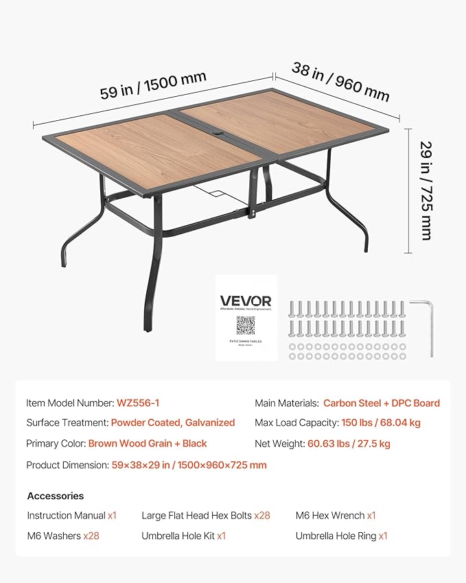 VEVOR Outdoor Patio Dining Table, 59 inch Long Rectangular Wood-Like Steel Sl...