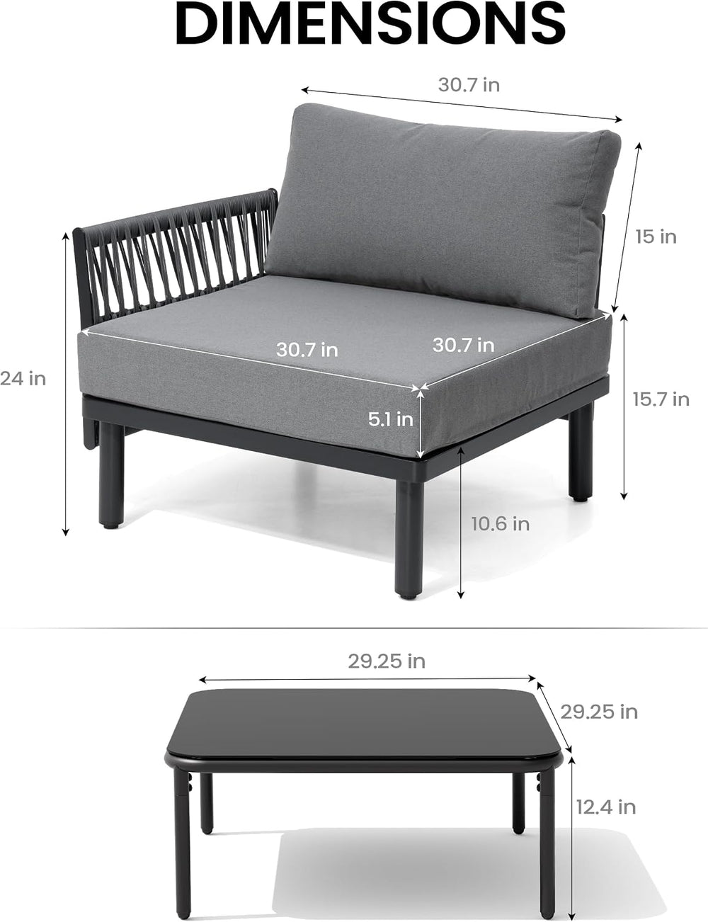 7 Piece Aluminum Outdoor Sectional Sofa, 31" Deep Seating with Coffee Table