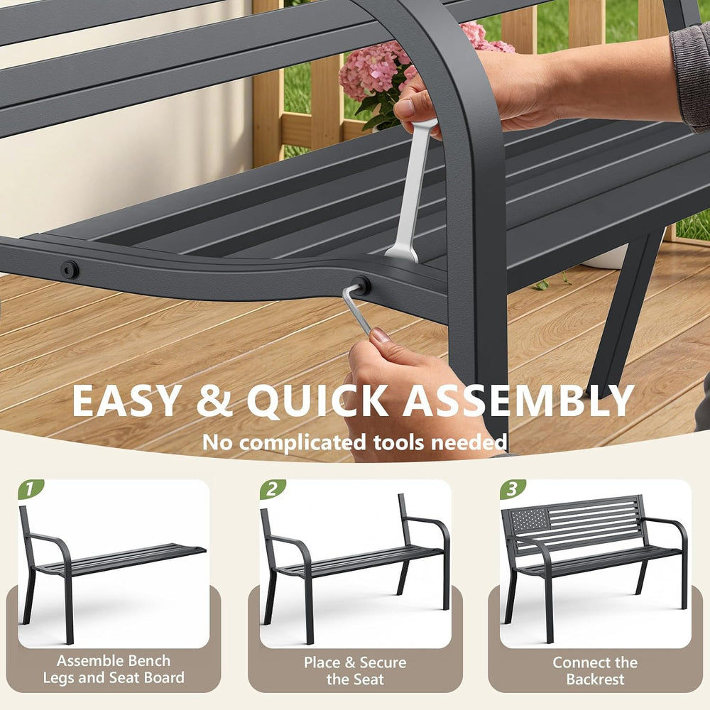 Outdoor Garden Bench with Classic Stars and Stripes Metal Backrest 2 Pack, Me...