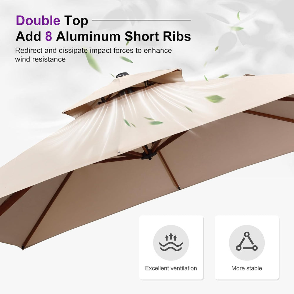 PURPLE LEAF Cantilever Umbrella with Base 9'X9' Wood-Grain Finish, Beige