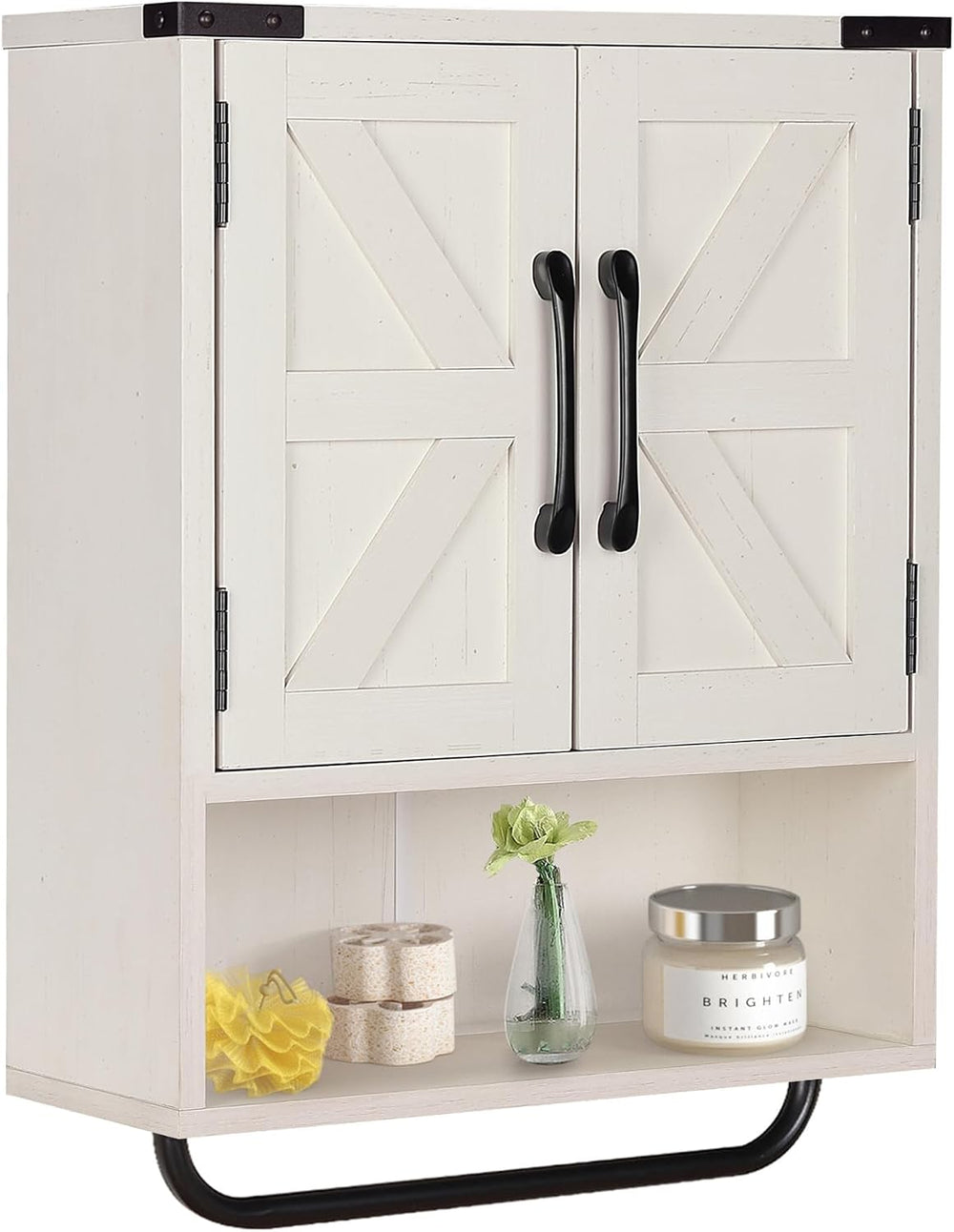 RUSTOWN Farmhouse Wall Storage Cabinet with 2 Barn Door & Towel Rack
