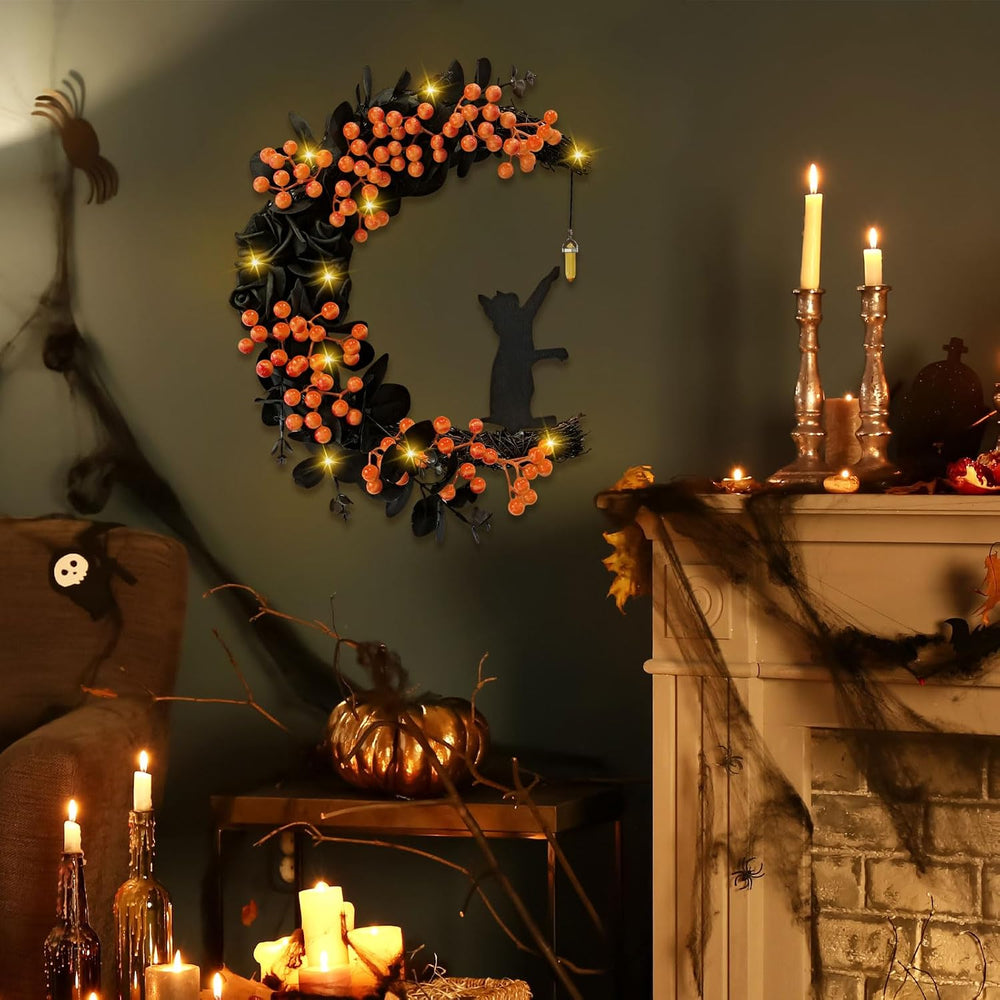 Halloween Decorations Black Cat Half-Moon Wreath