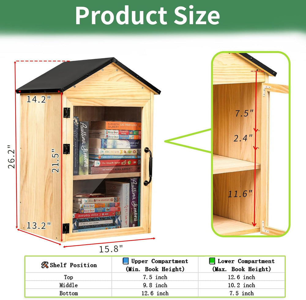 Little Library Box Outdoor, 2-Tier Waterproof Book Exchange Cabinet – Solid W...