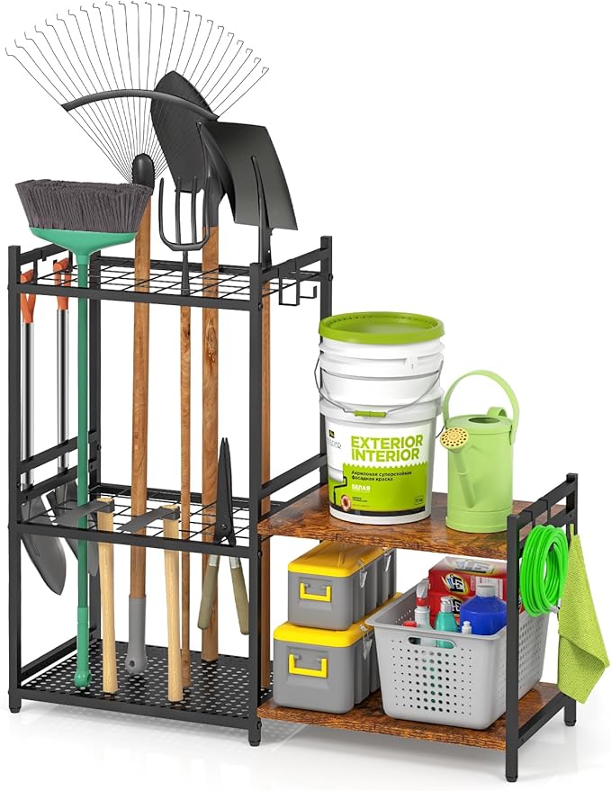 Garage Tool Organizer with 2-tier Wooden Shelves, Yard Tool Organizer for Gar...
