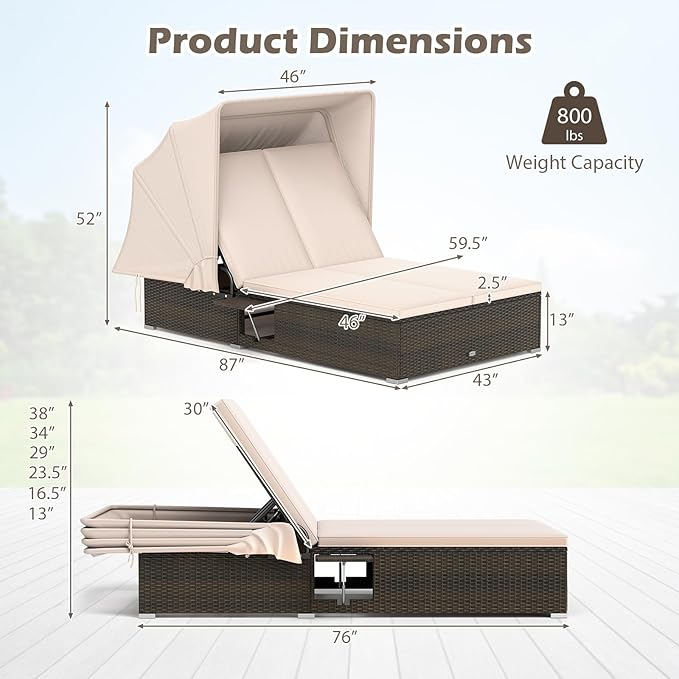 RELAX4LIFE Outdoor Daybed with Retractable Canopy - Wicker Double Chaise Loun...