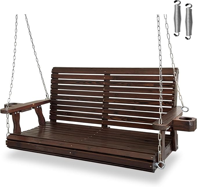 Wooden Porch Swing 2-Seater, High Backrest and Deep Seat, Bench Swing with Cu...