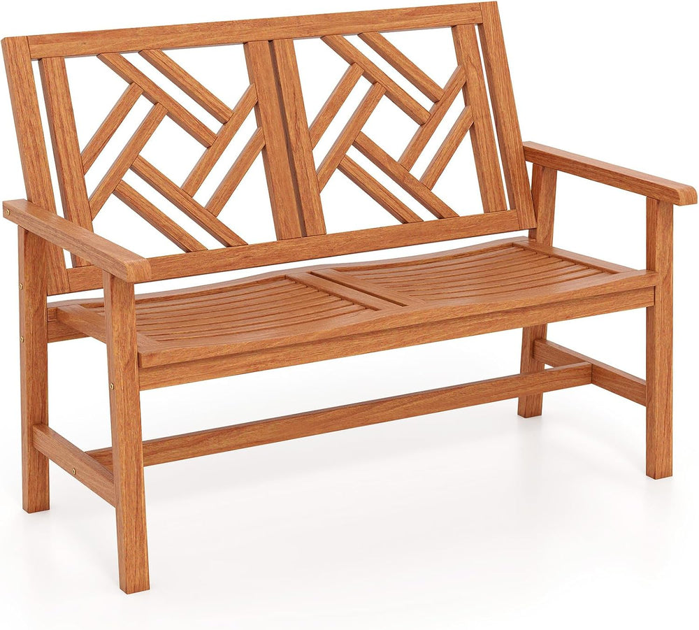 Tangkula Outdoor Wood Bench, 2-Person Patio Loveseat Chair with Geometric Bac...