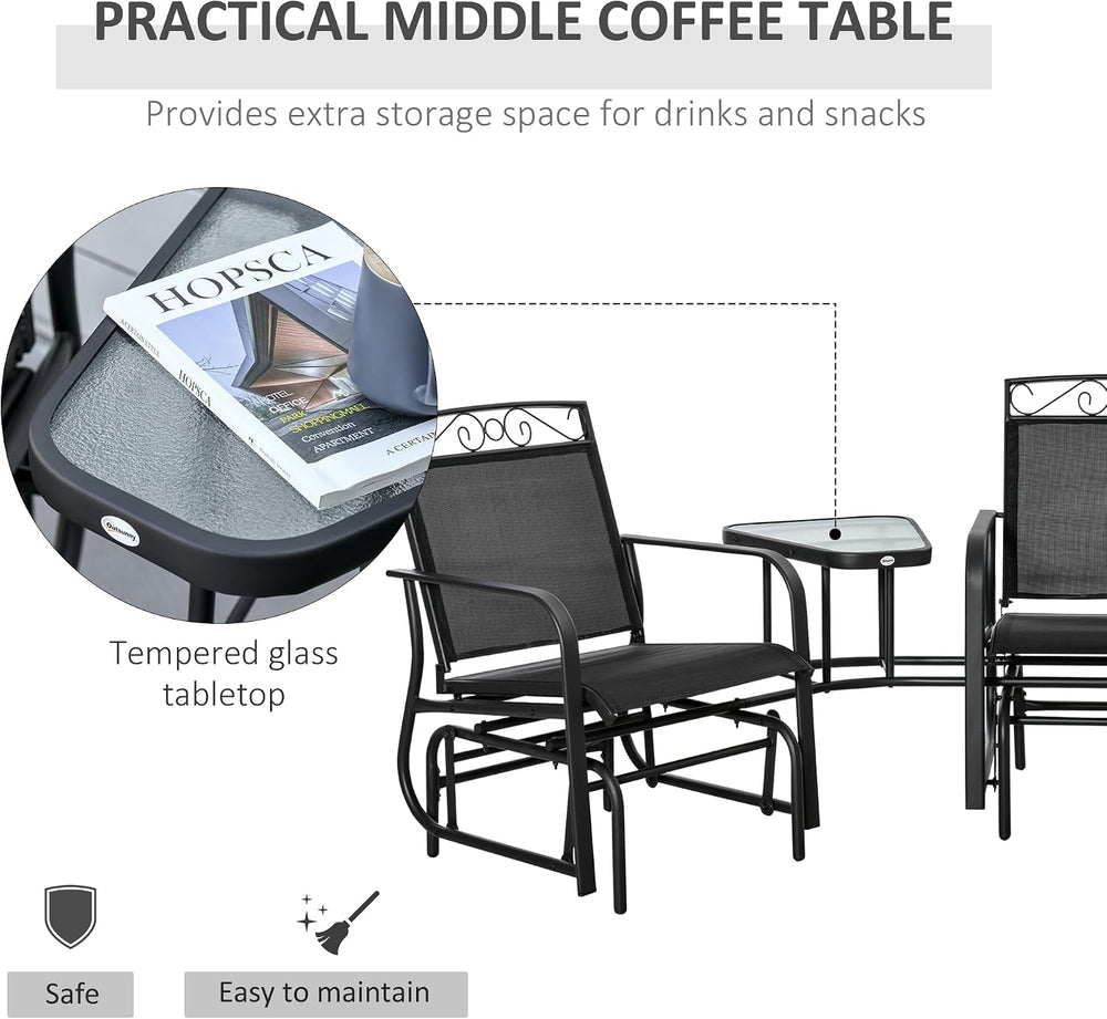 Outsunny Outdoor Glider Chairs with Coffee Table Patio 2-Seat Black