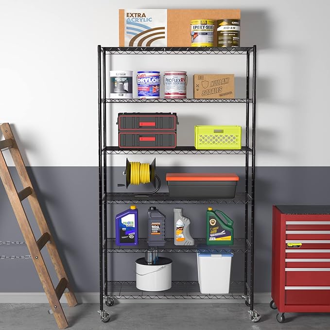 BestOffice | 6-Tier Wire Storage Shelves with Wheels | 18x48x82 | Black | Adj...