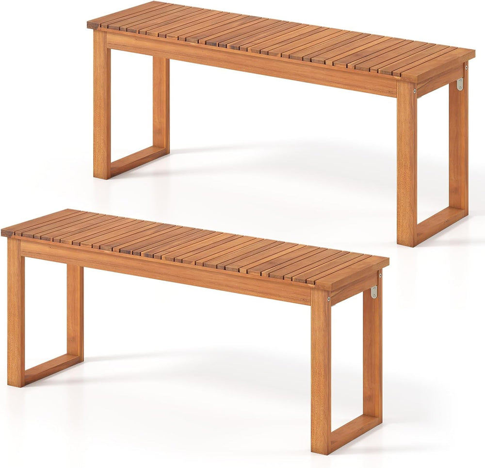 HAPPYGRILL Acacia Wood Patio Dining Bench, 2-Person Outdoor Bench with Slatte...