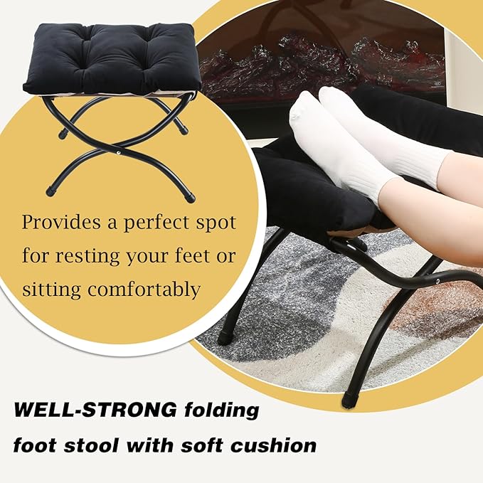 15" Foldable Foot Stool Ottoman with Metal Frame - Washable Black Uphols...