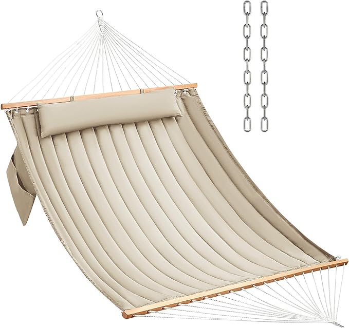 Double Quilted Fabric Hammock with Hardwood Spreader Bars and Pillow 450 LBS ...