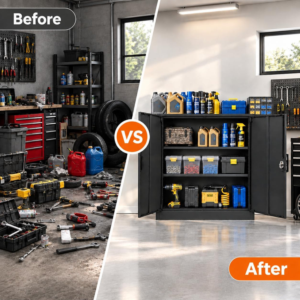Metal Garage Storage Cabinet, 31"H Locking Cabinet with Adjustable Feet