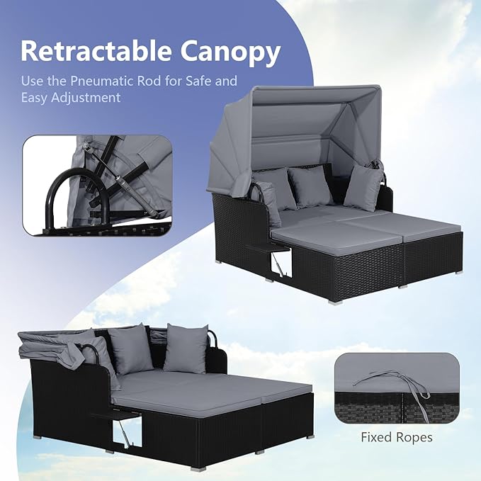 COSTWAY Outdoor Daybed with Retractable Canopy, Wicker Patio Furniture Set wi...