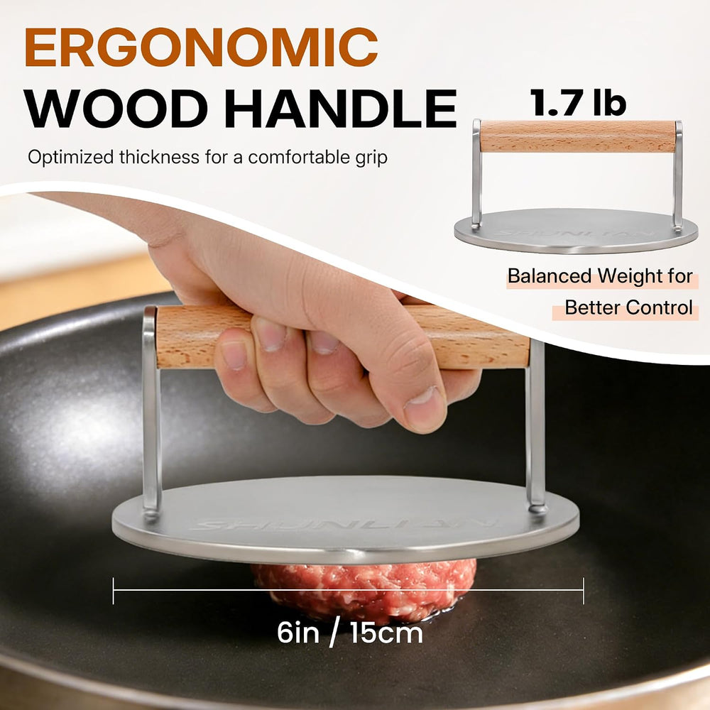 Stainless Steel Burger Smasher, 6 Inch Heavy Duty Grill Press with Wood Handl...