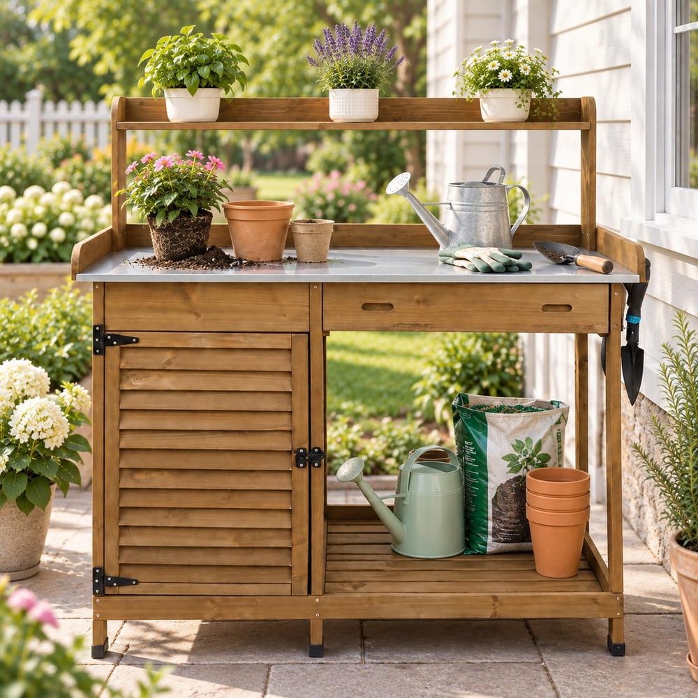 Ketive Outdoor Potting Bench with Storage, 41-Inch Metal Tabletop