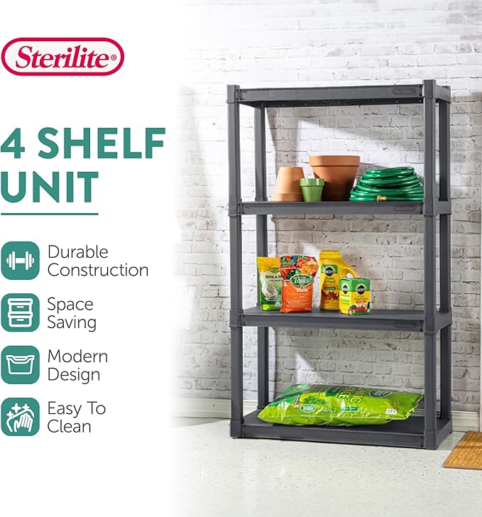 Sterilite 4-Pack 4 Shelf Unit, Heavy-Duty Shelving Storage and Utility Rack -...