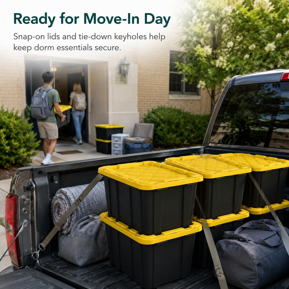 6-Pack 27Gal Stackable Storage Bins with Lids, Heavy Plastic, Black Yellow