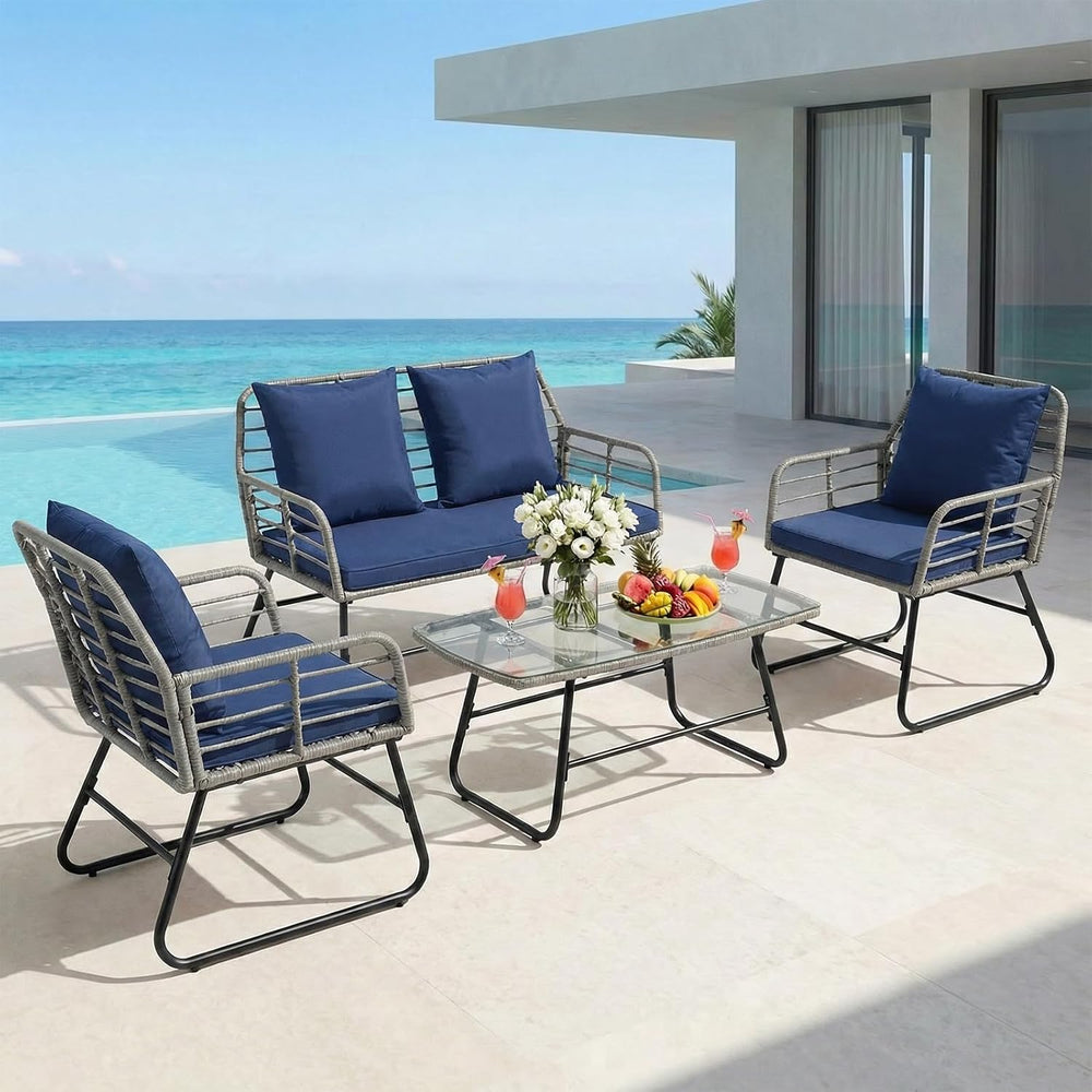DUMOS Outdoor 4 Piece Outdoor Patio Furniture Set, Wicker Patio Set